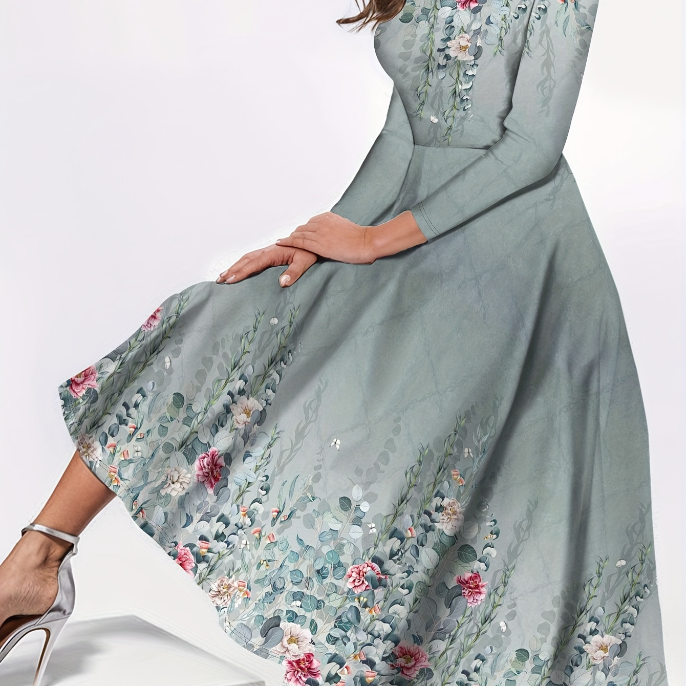 

Floral Print Crew Neck Dress, Elegant Three-quarter Sleeve A-line Dress For Summer & Spring, Women's Clothing