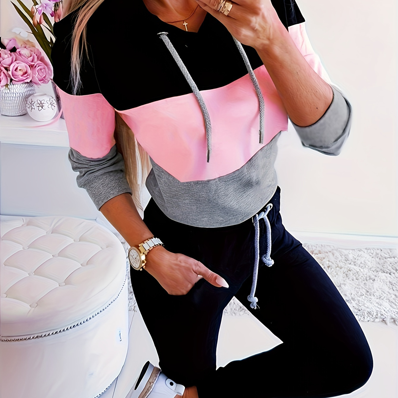 

Women's Color Block Hoodie, Long Sleeve Drawstring Thermal Hoodies Sweatshirt, Women's Clothing