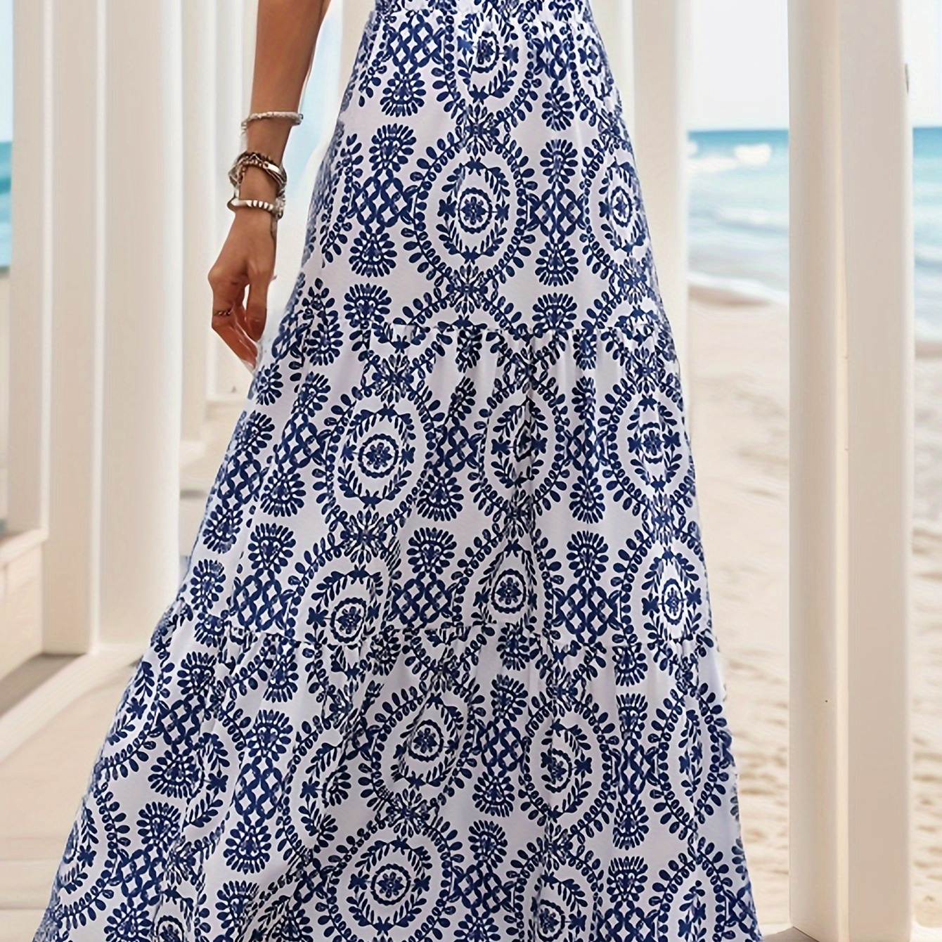 

Mandala Print Tiered Maxi Skirt, Elegant Elastic Waist Skirt For Spring & Summer, Women's Clothing