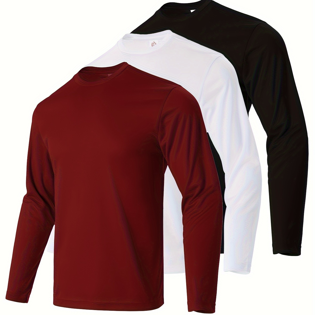

3pcs Men's Solid Color Long Sleeve T-shirts, Quick Drying Moisture Wicking Breathable T-shirt For Outdoor Gym Running Fitness
