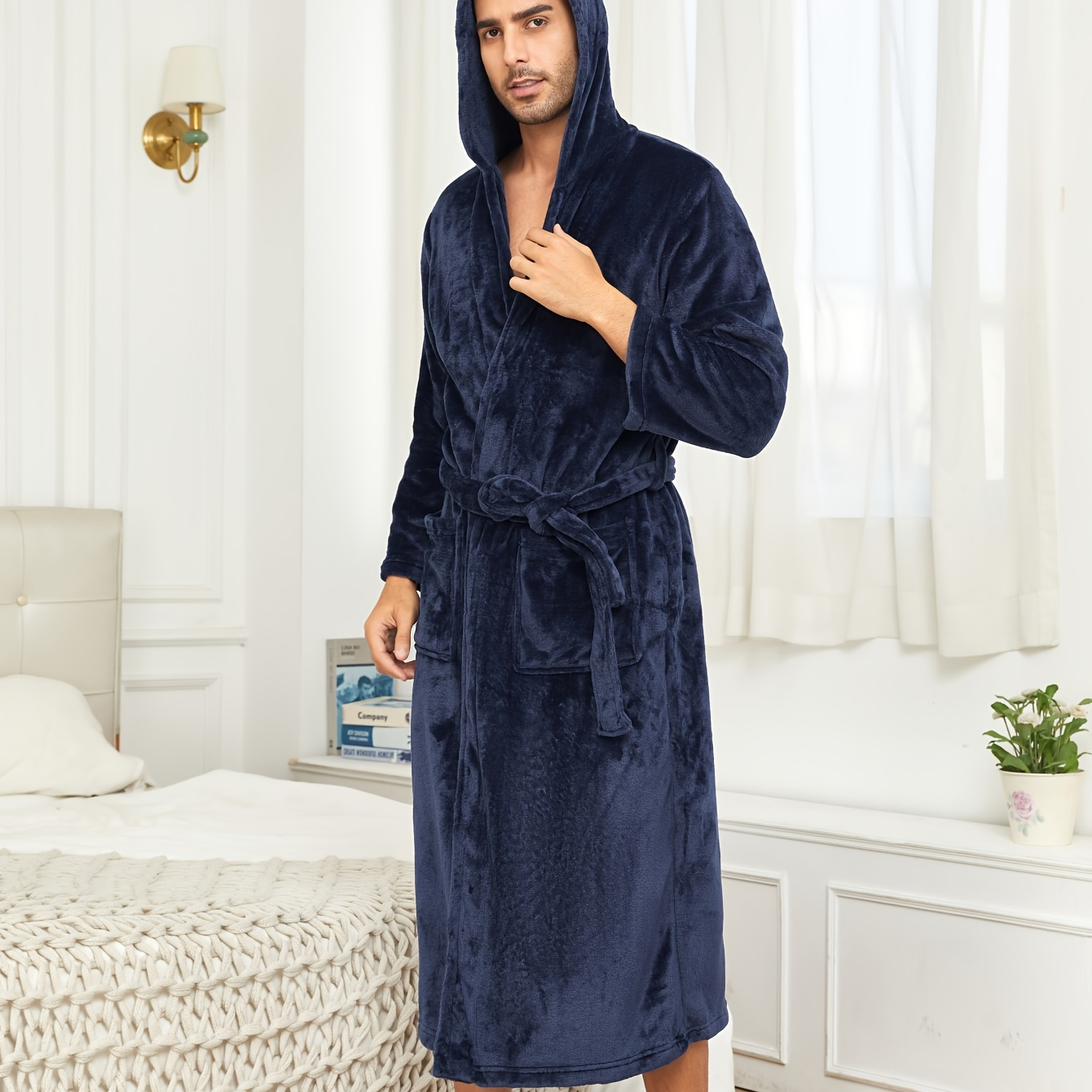 

Bathrobe For Men Autumn And Winter Flannel Robe Long Solid Color Hooded Double Pockets Fleece Nightwear