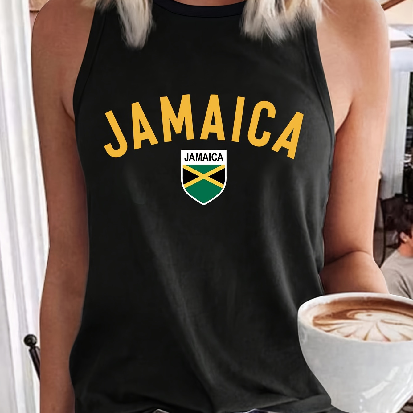 

Plus Size Jamaica Print Crew Neck Tank Top, Casual Sleeveless Tank Top For Summer, Women's Plus Size Clothing