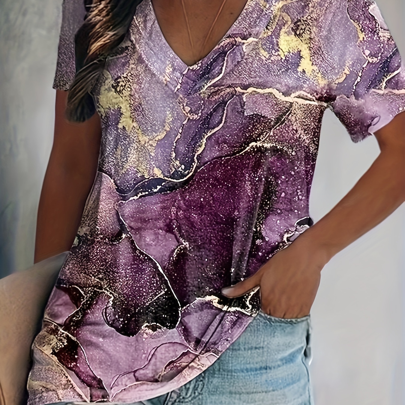 

Marble Print V Neck T-shirt, Casual Short Sleeve T-shirt For Spring & Summer, Women's Clothing