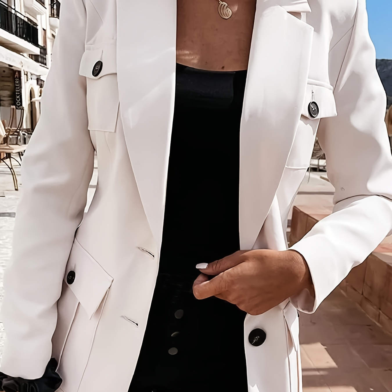 

Solid Color Single Breasted Blazer, Elegant Flap Pockets Long Sleeve Outwear For Office & Work, Women's Clothing