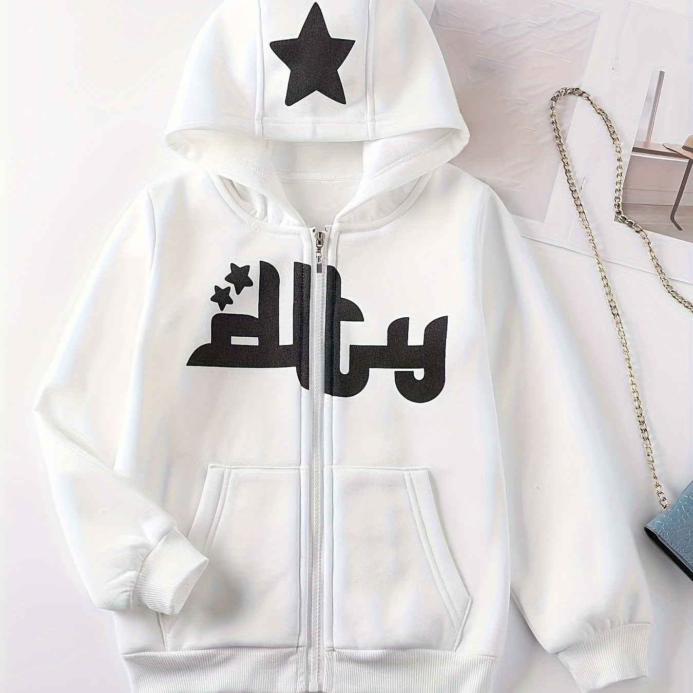 

Girls/ Boys Casual Fleece Hoodie Stars Print Pocket Front Zipper Hooded Sweatshirt Jacket For Fall/ Winter