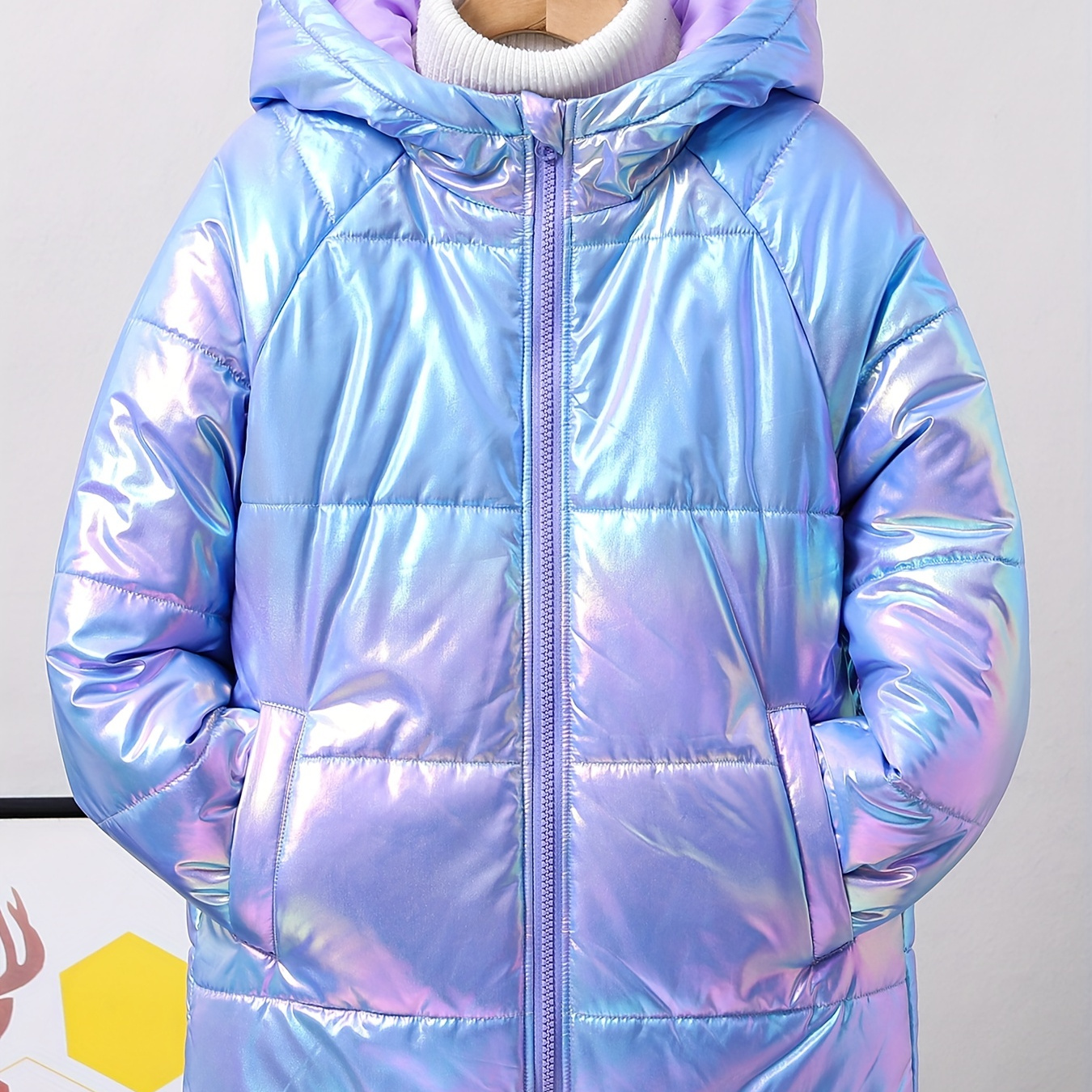 

Metallic Snow Suits For Girls, Stylish Reflective Zip Hood Alternative Puffer Long Coat With Pockets, Kids Outerwear Winter Clothes