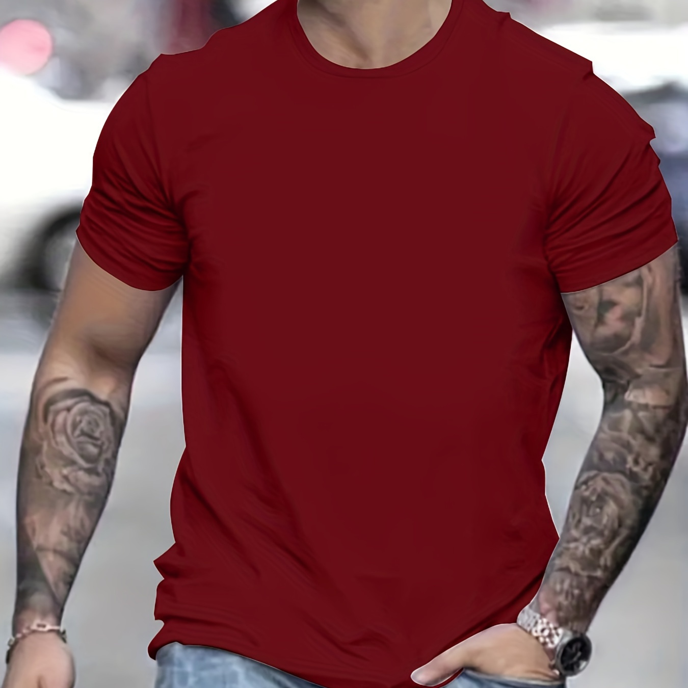 

Men's Soild Color Creative Top, Casual Short Sleeve Crew Neck T-shirt, Men's Clothing For Summer Outdoor