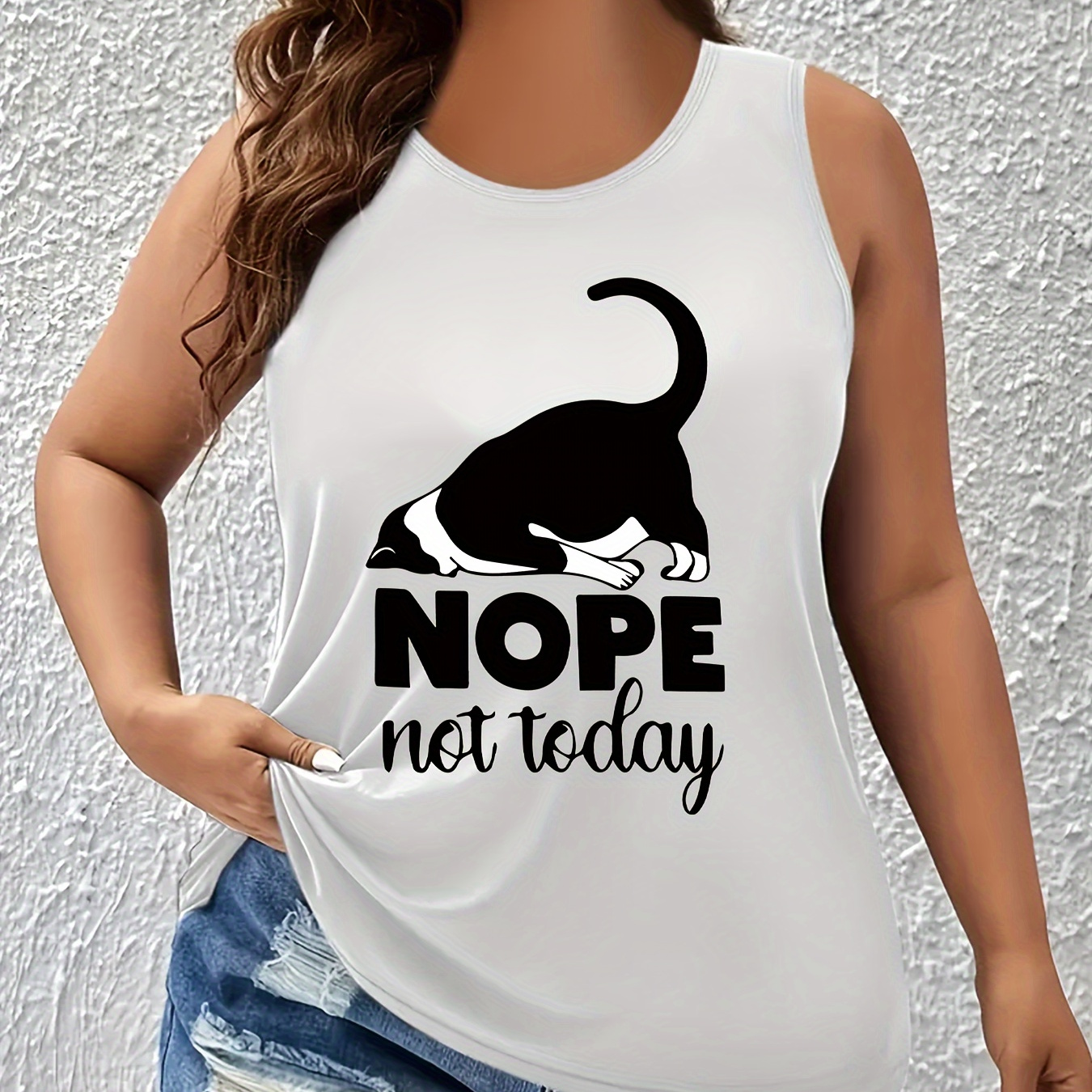 

Plus Size Cat & Nope Print Tank Top, Casual Sleeveless Crew Neck Top For Summer & Spring, Women's Plus Size Clothing