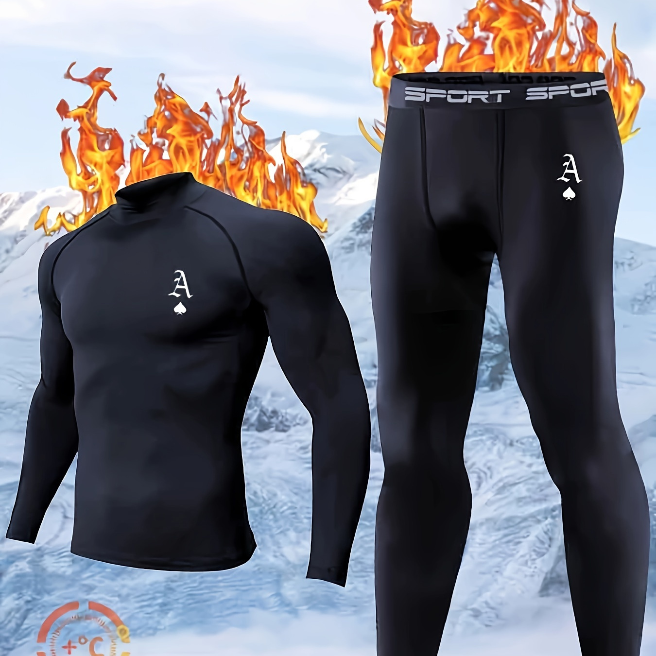 

Men's 2pcs Thermal Set - Breathable & Stretchy Turtleneck Top And Leggings For Running, Cycling &