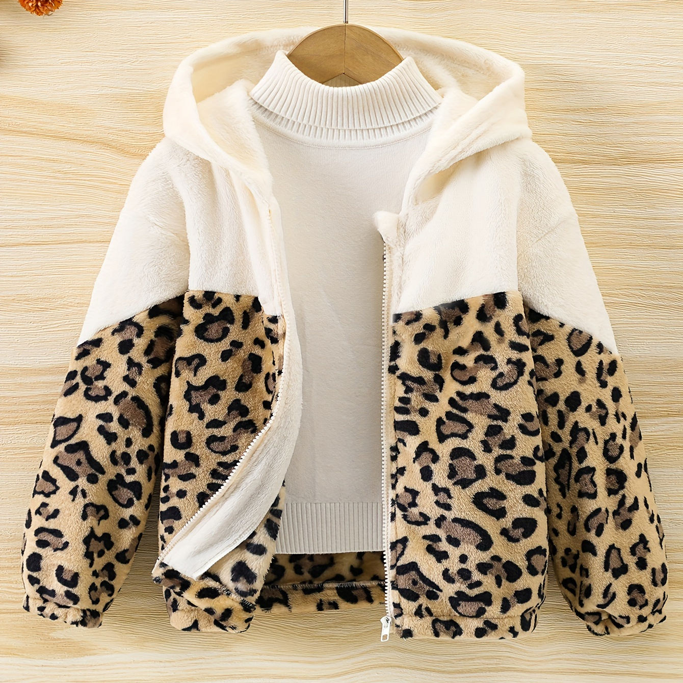 

Girls Flannel Leopard Color Splicing Zip Hooded Jacket Coat, Kids Clothing For Winter/ Fall, Gift Idea