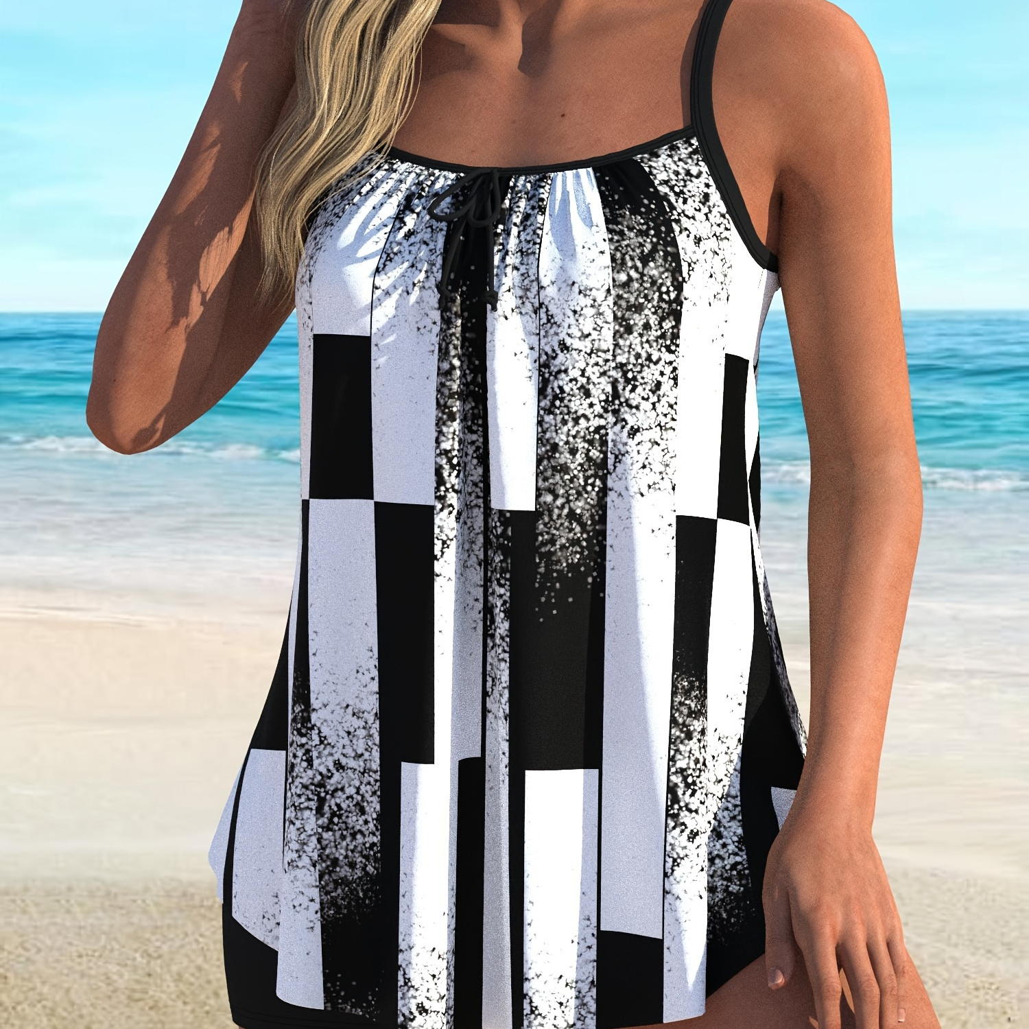 

Plus Size Modest Tankini Set, Women's Plus Splash & Striped Print Tie Round Neck Cami Top & Shorts Swimsuit 2 Piece Set