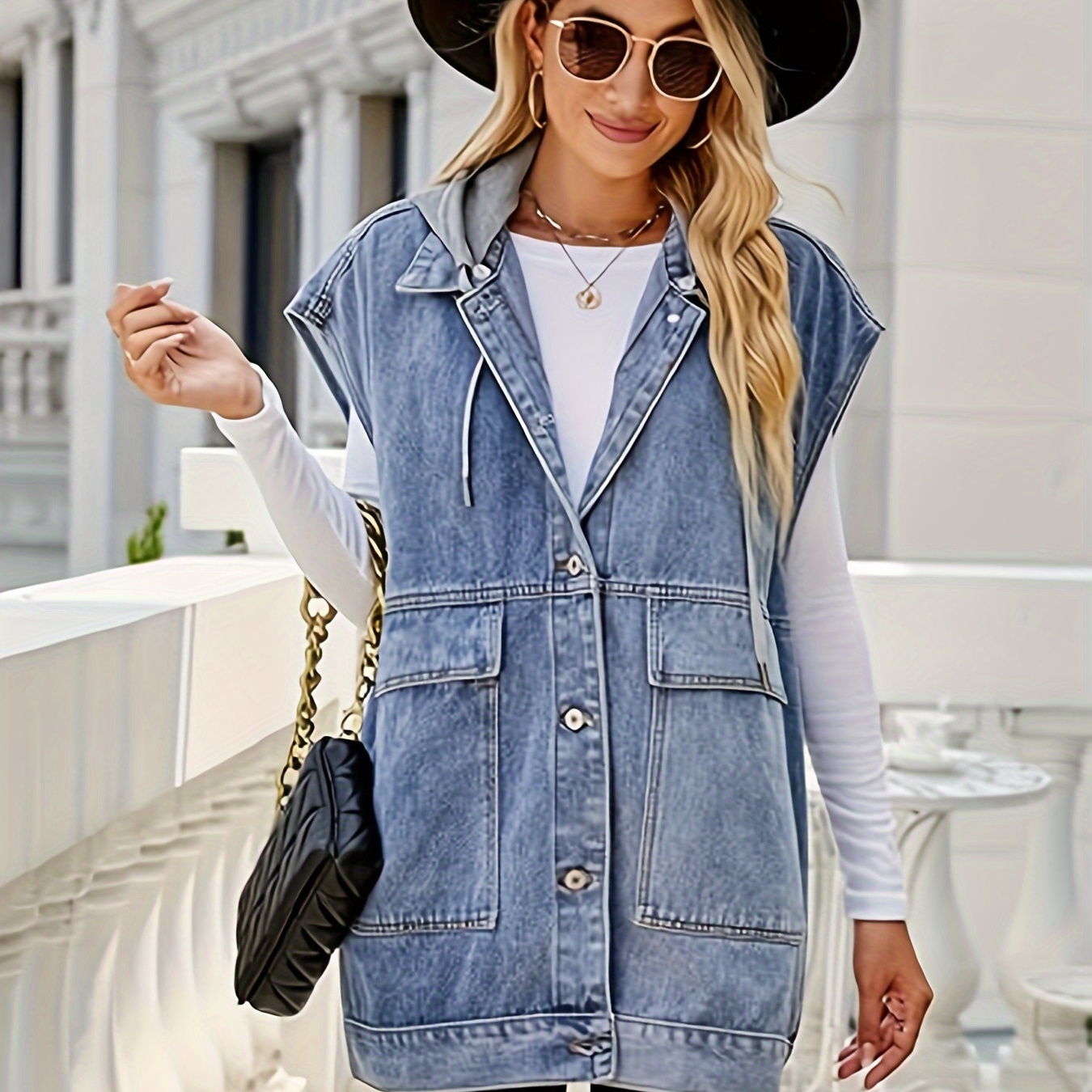 

Womens Denim Jean Vest Oversized Sleeveless Button Down Mid Long Denim Jean Jacket