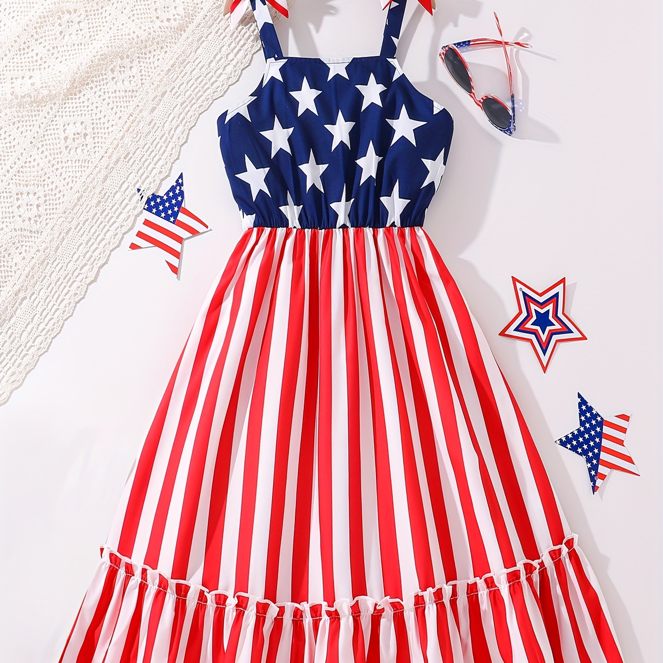 

4th Of July Girls Dress, Bow Straps Stars & Striped Spliced Slip Dress Independence Day Clothing