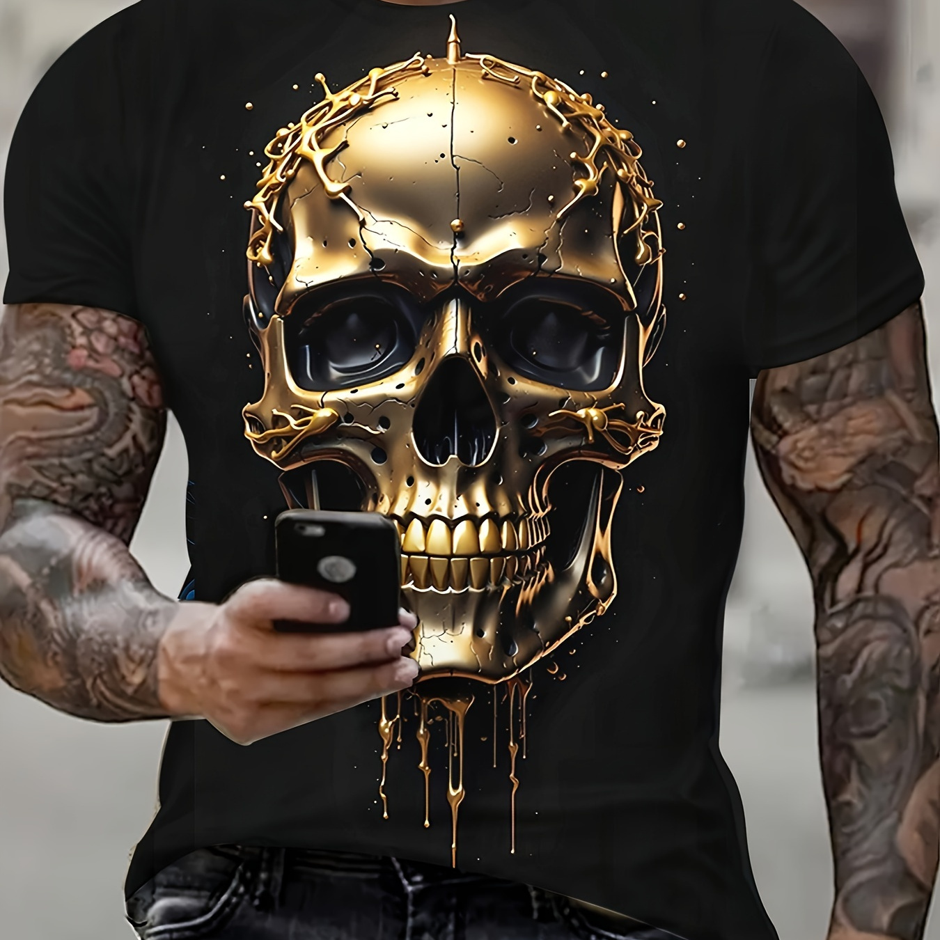 

Men's 3d Golden Skull Pattern T-shirt, Short Sleeve Round Neck T-shirt, Fashion Top For Summer
