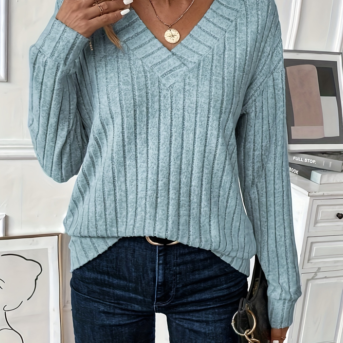 

Solid Color V Neck T-shirt, Casual Long Sleeve Ribbed Top For Spring & Fall, Women's Clothing