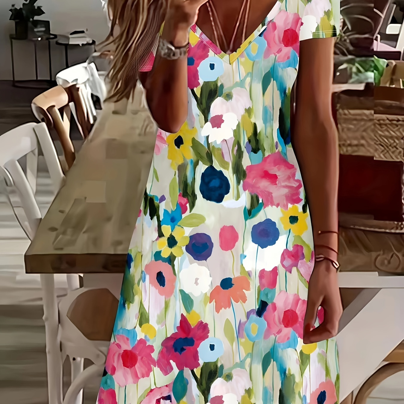 

Floral Print V Neck Midi Dress, Elegant Short Sleeve Dress For Spring & Summer, Women's Clothing