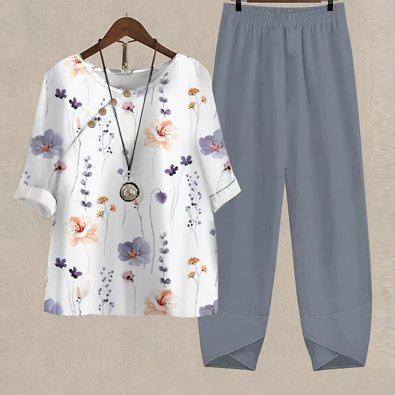 

Vintage Summer Comfy Pant Set, Floral Print Crew Neck Top & Solid Color Hem Pants, Women's Clothing
