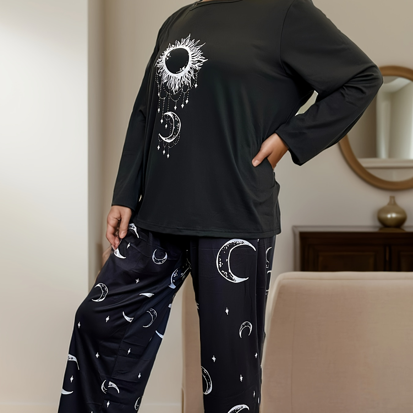 

1set Women's Plus Size Print Silk Long Sleeve Pajama Set, Casual Round Neck Polyester Sleepwear, Knitted Pullover Top With Matching Pants, All Set