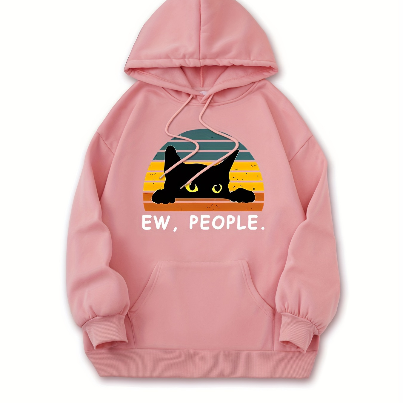 

Ew People Print Solid Color Drawstring Hoodie, Pullover Kangaroo Pocket Active Hooded Sweatshirt, Women's Sweatshirts