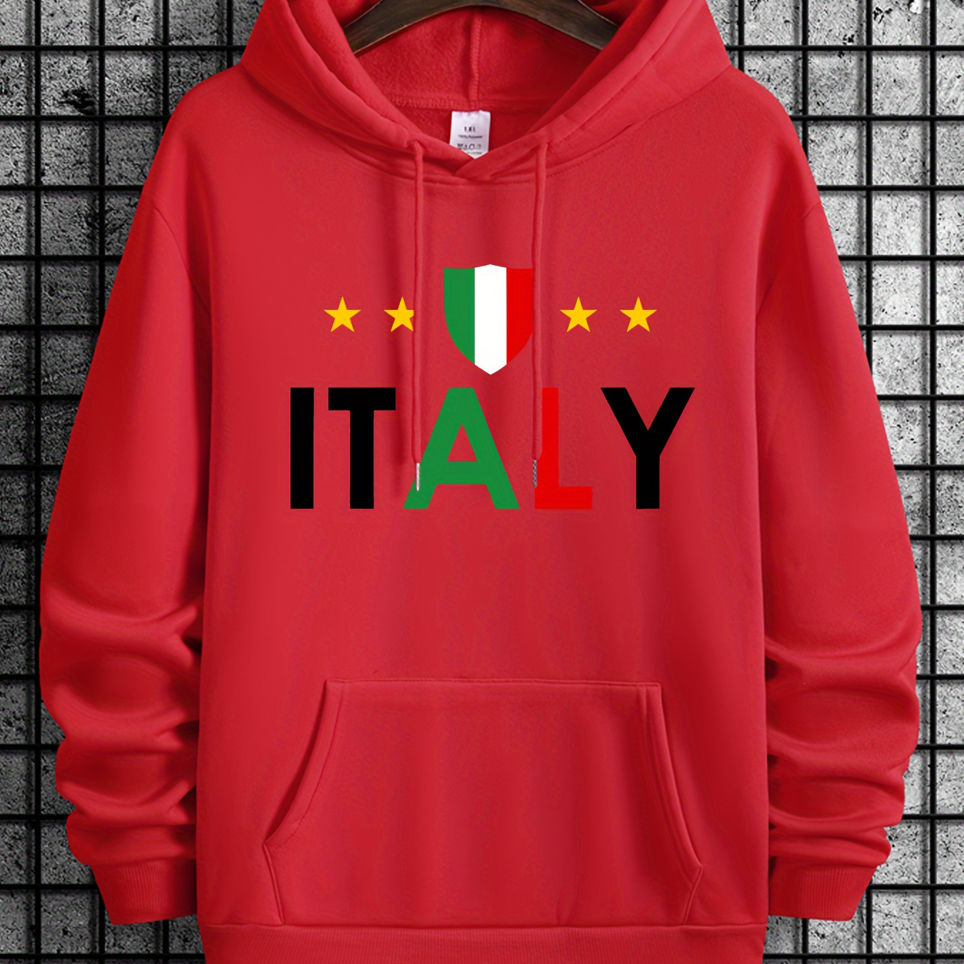 

Plus Size Italy Print Men's Casual Long Sleeve Pullover Hoodie With Drawstring, Soft Polyester Fabric, Regular Fit