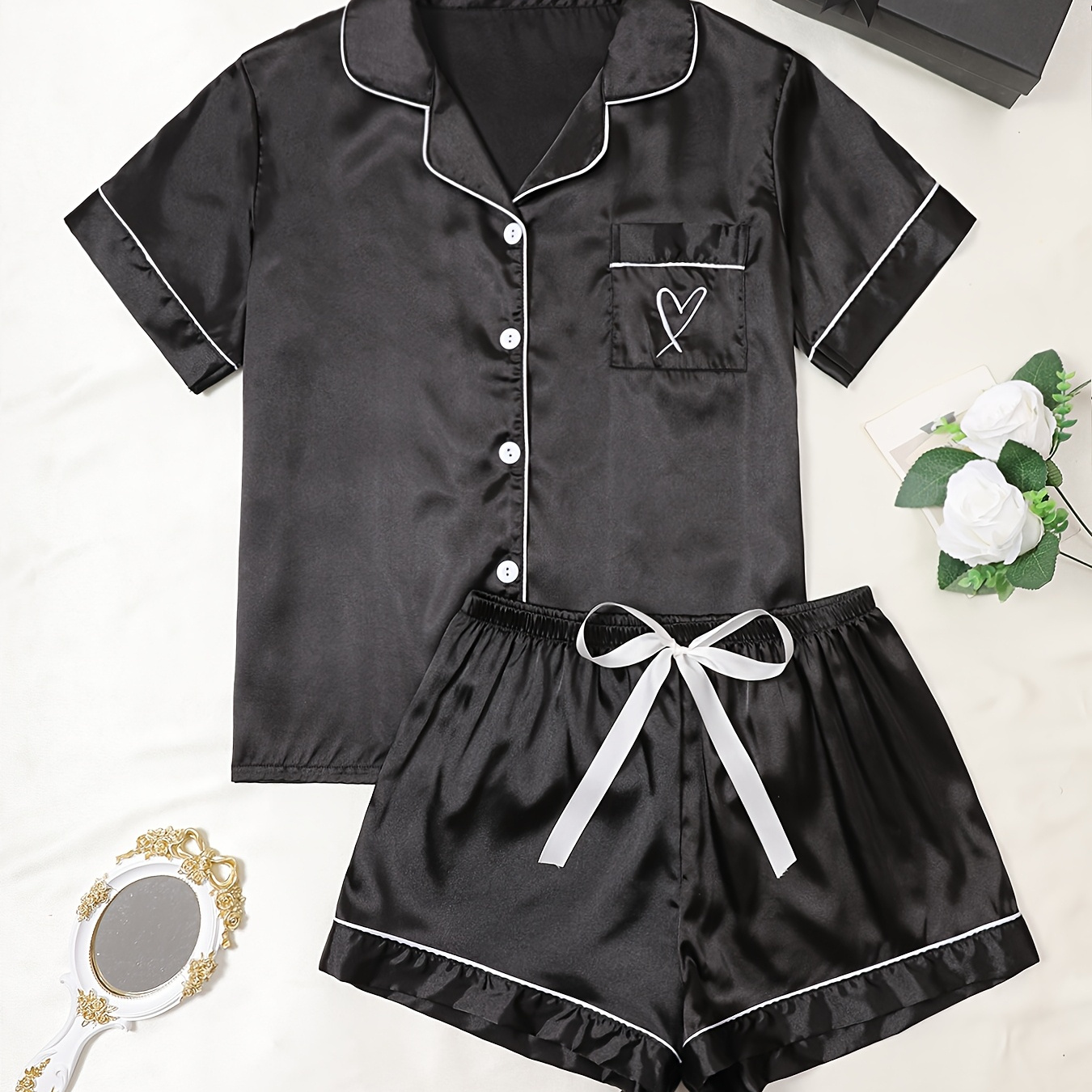 

Pajama Set For Women - Heart Embroidery, Bow Detail, Short Sleeve & Waistband Shorts, Breathable Polyester , All