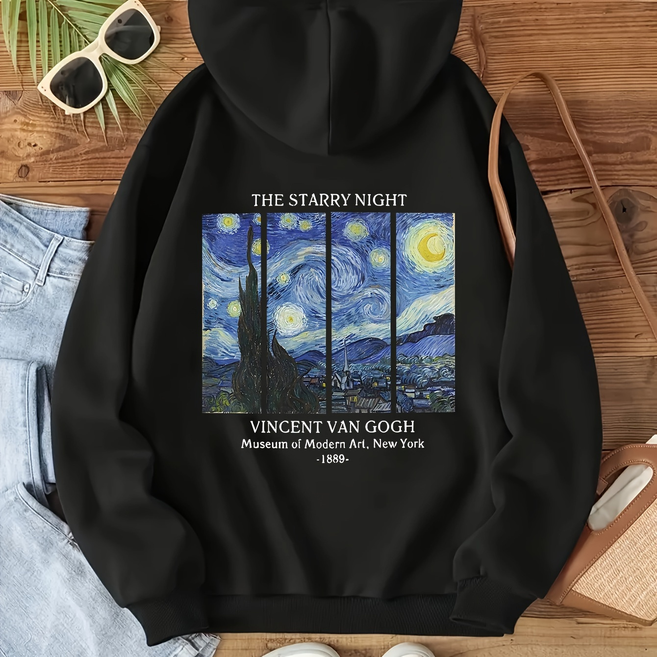 

Starry Night Vincent Van Gogh Print Hoodie - Polyester Knit Fabric, Casual Geometric Pattern, Hooded Pullover For Fall/winter