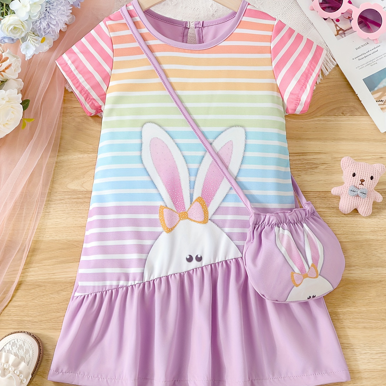 

Girls Easter Style Rabbit Pattern Colorful Striped Print Stitching Casual Dress & Bag Set Summer Outfit