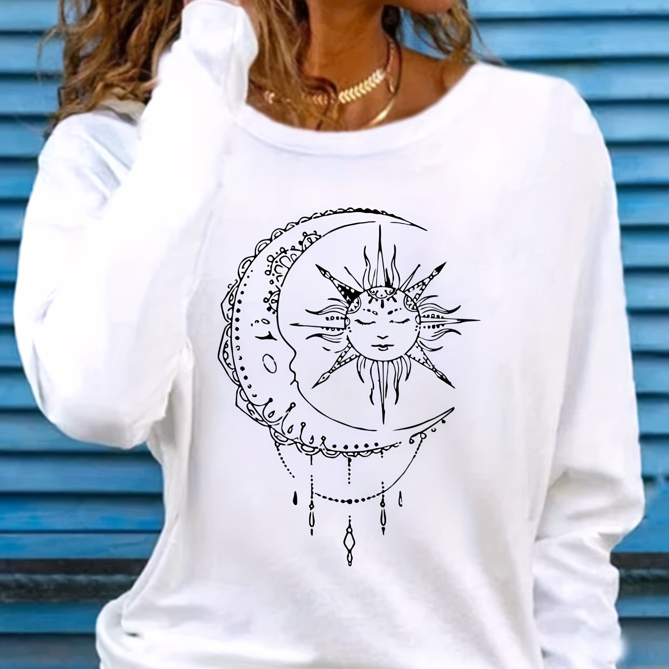 

Sun & Moon Print Crew Neck T-shirt, Casual Long Sleeve T-shirt, Women's Clothing