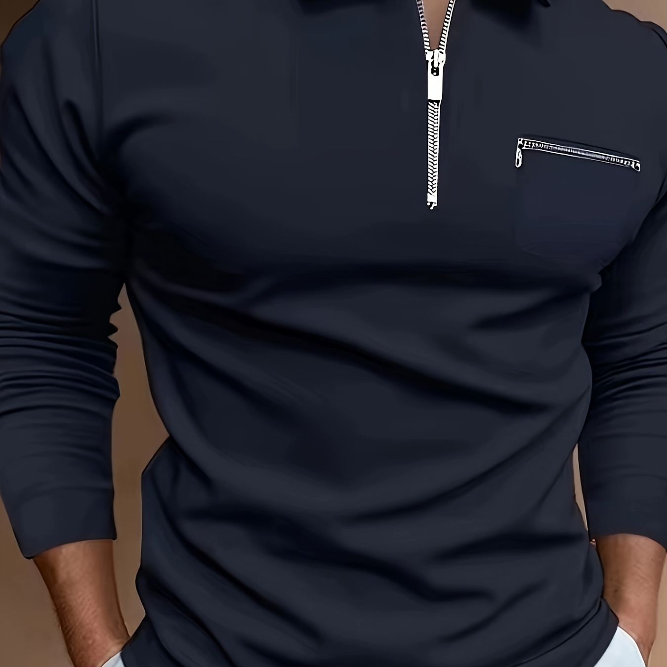 

Solid Color Men's Comfy Long Sleeve Zipper Lapel Shirt With Chest Pocket, Spring Fall Men's Pullover Top
