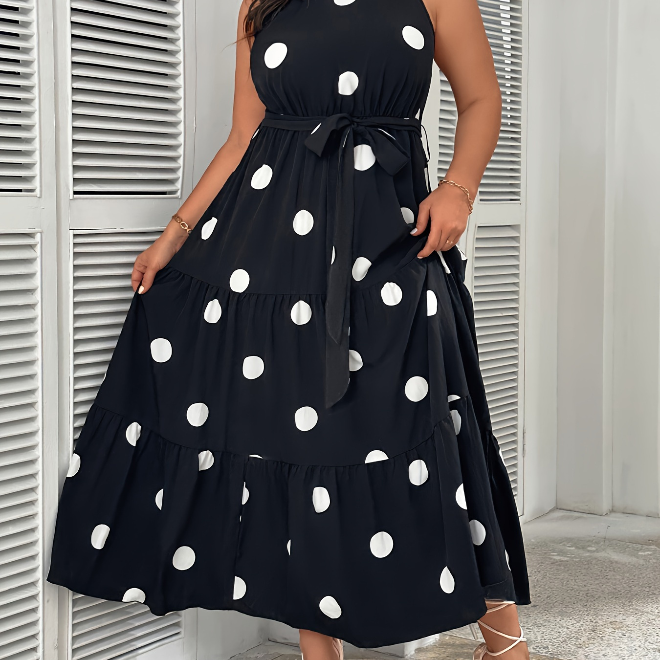 

Plus Size Polka Dot Print Sleeveless Dress, Elegant Tie Waist Ruffle Hem Ankle Length Dress For Spring & Summer, Women's Plus Size Clothing