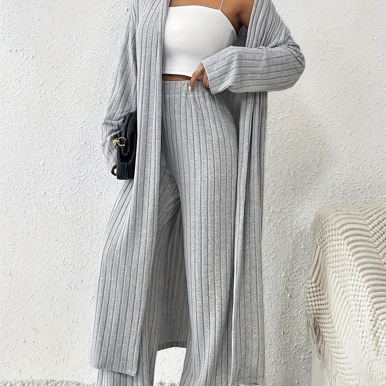 

Plus Size Elegant Solid Color Ribbed Two-piece Set, Open Front Longline Long Sleeve Top & Straight Leg Pants Outfits, Women's Plus Size Clothing