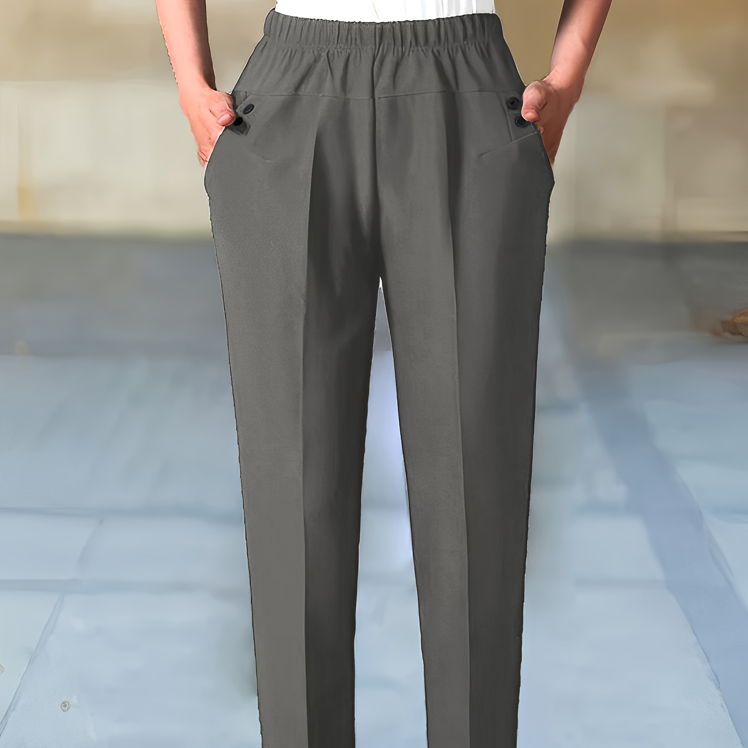 

Solid Color Dual Pockets Tapered Pants, Casual & Versatile Elastic Waist Pants For Work & Office, Women's Clothing