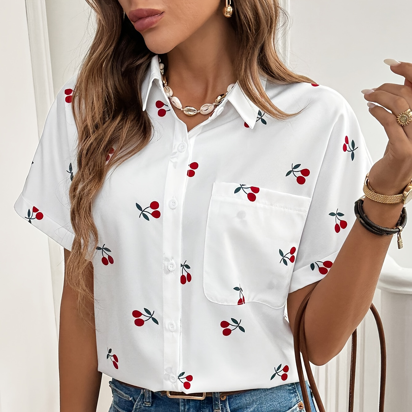 

French Fruit Cherry Print Pocket Single Row Button Shirt