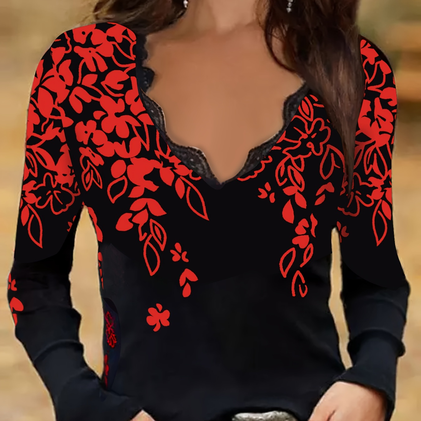 

Plus Size Casual Top, Women's Plus Leaf Print Contrast Lace Long Sleeve V Neck Slight Stretch Top