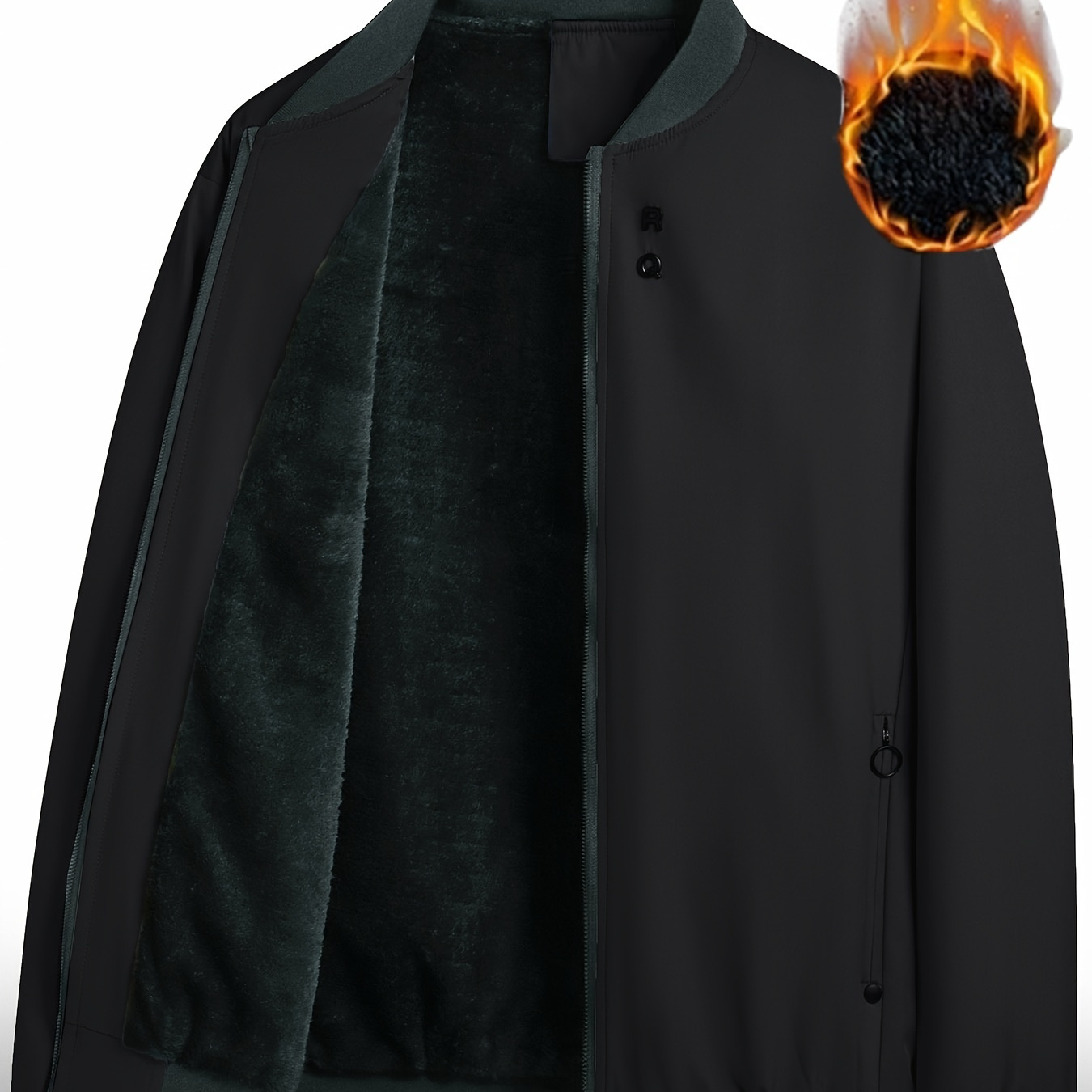 

Warm Fleece Letter " R&q" Print Jacket, Men's Casual Crew Neck Zipper Pockets Zip Up Jacket Coat For Fall Winter