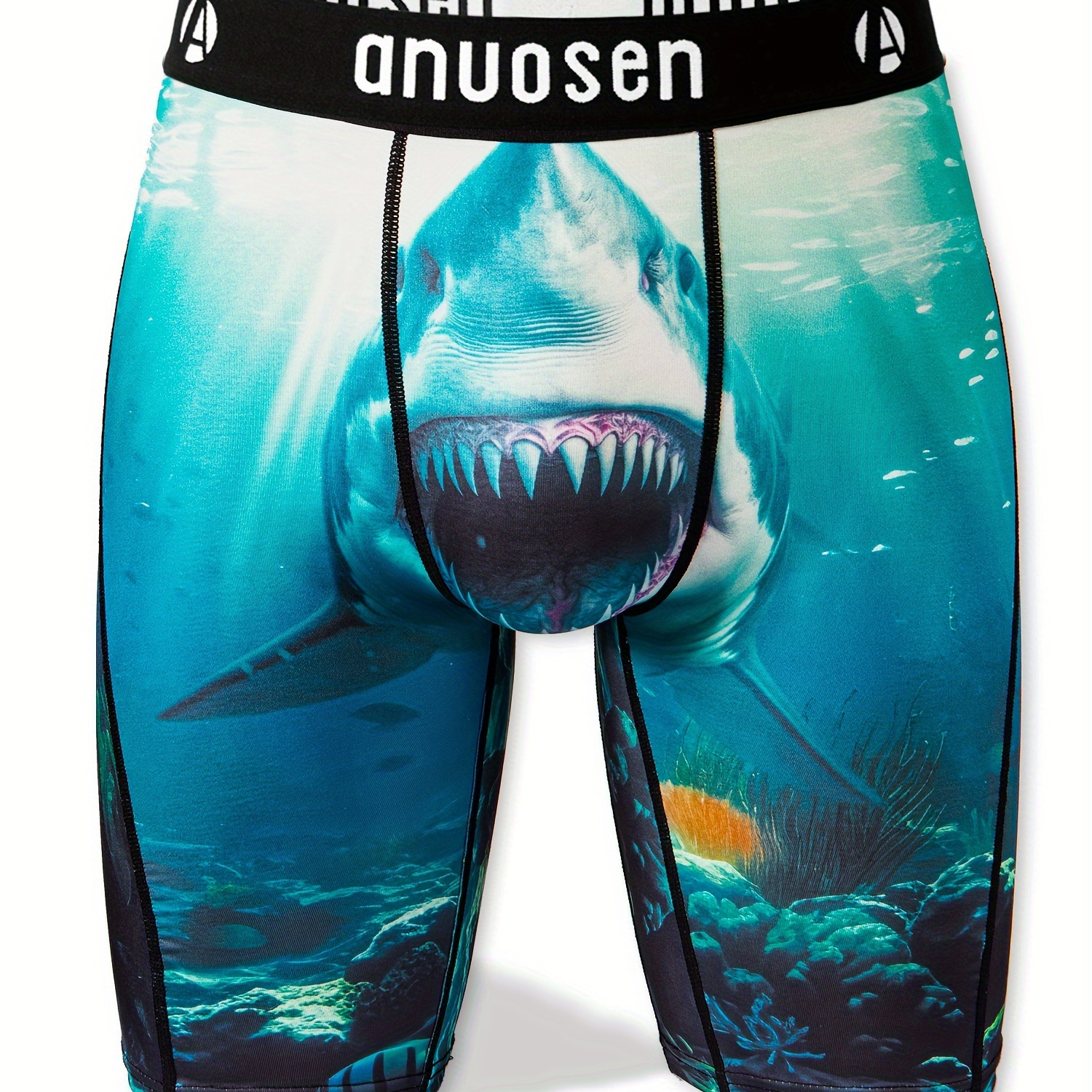 

Men's Plus Size Shark Print Long Boxer Briefs - Moisture-wicking, Breathable & Stretchy Athletic Underwear With Anti-chafing Leg Design, Plus Size