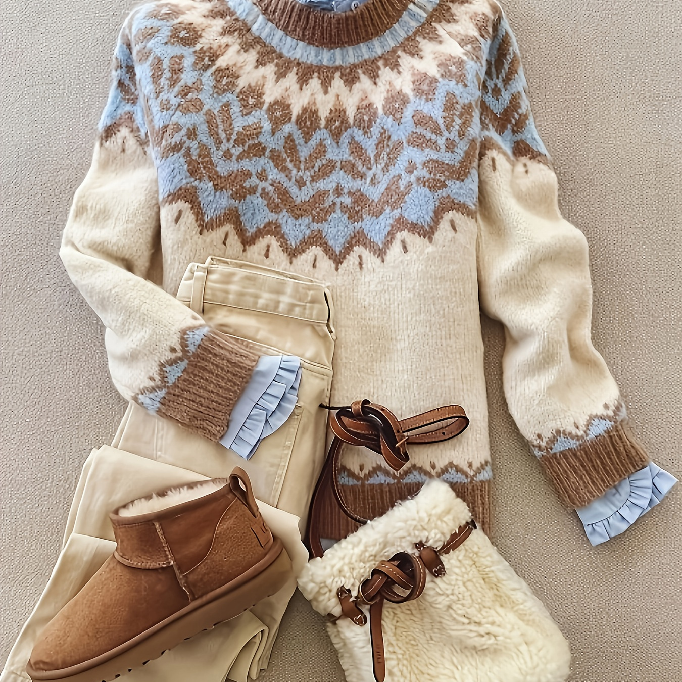 

Cozy Autumn/winter Casual Knit Sweater For Women - Crew Neck Pullover With Ribbed Cuffs, Long Sleeves, Soft Polyester - Perfect With Pants & Brown Boots Set