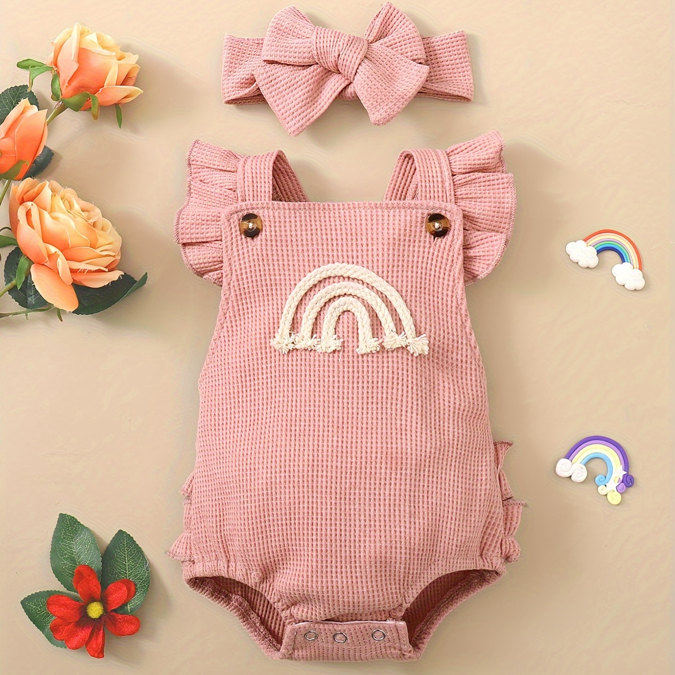 

Baby's Rainbow Embroidered Waffle Textured Bodysuit, Ruffle Decor Sleeveless Triangle Onesie, Toddler & Infant Girl's Clothing
