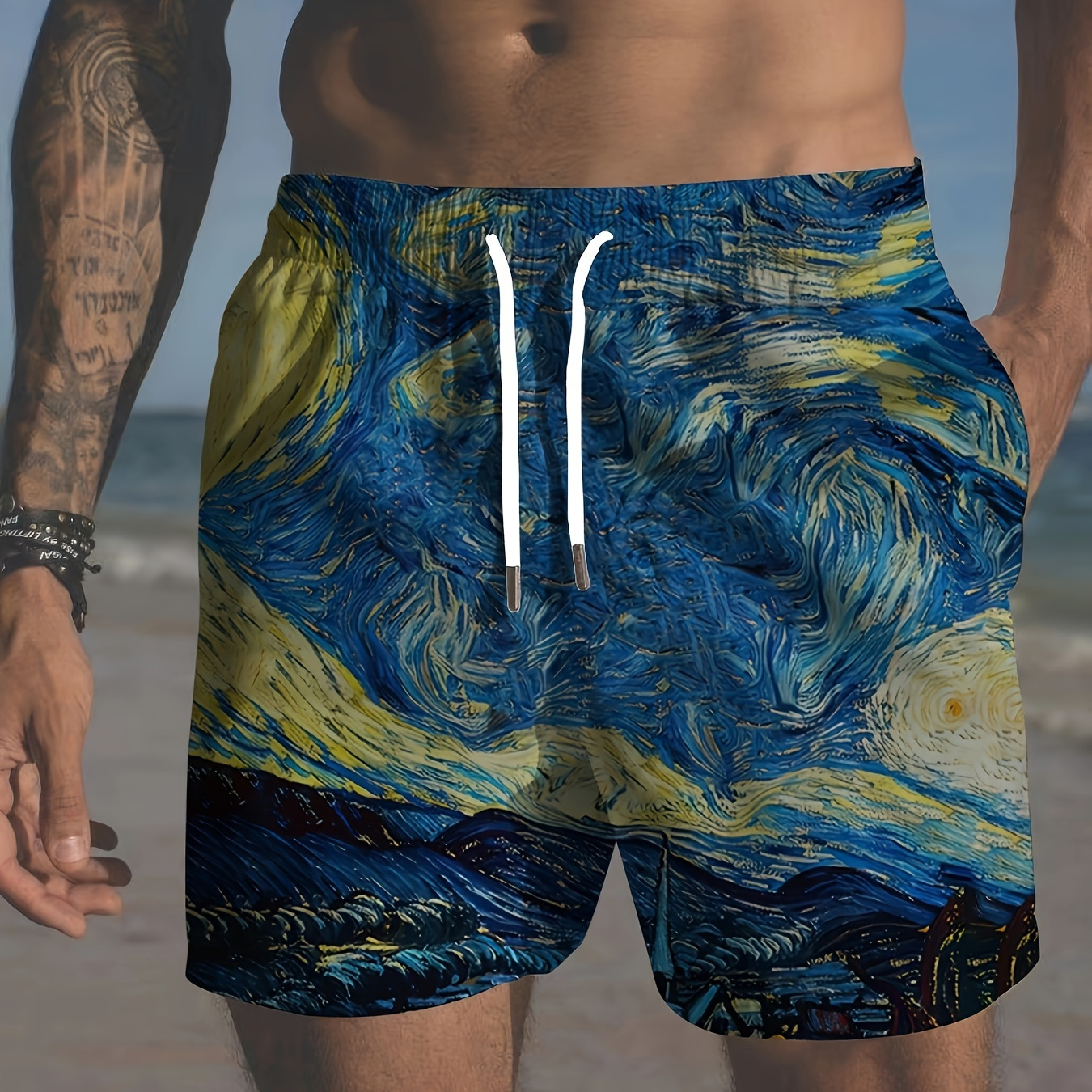 

Plus Size Men's Starry Sky Graphic Print Board Shorts For Summer, Hawaiian Style