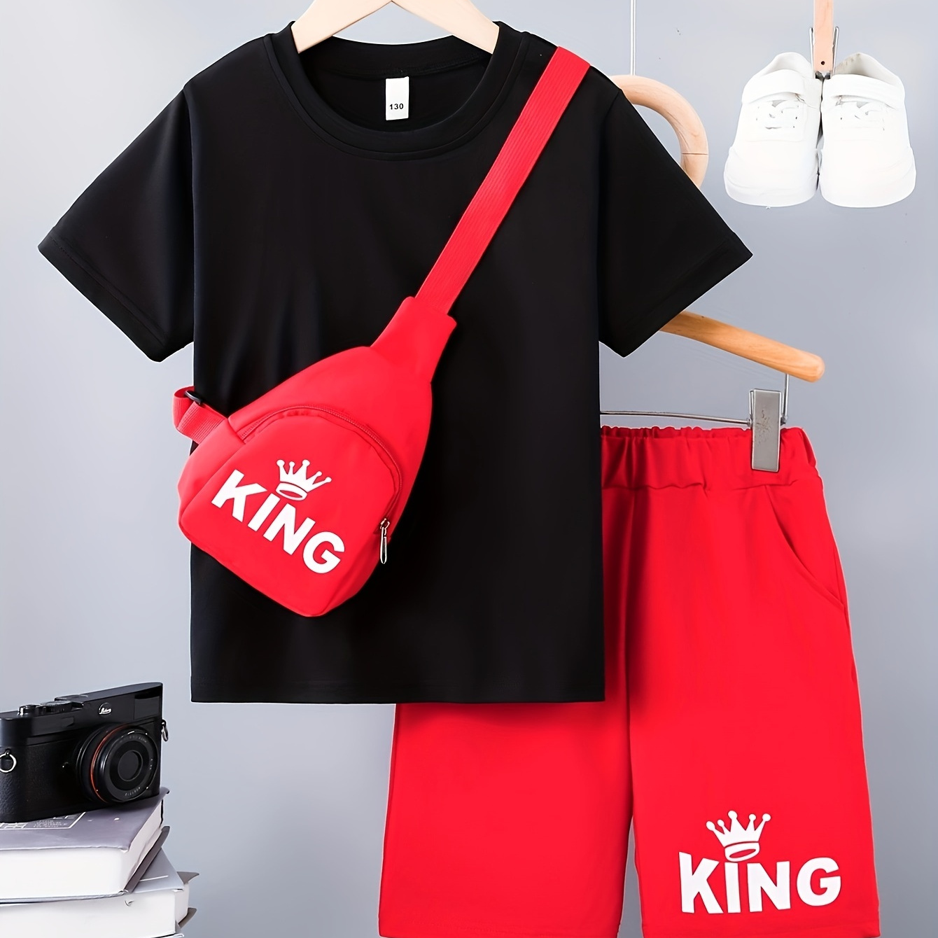 

3pcs Boys Casual King Letter And Crown Graphic Print Short Sleeve T-shirt & Shorts & Crossbody Bag Set, Comfy Summer Boys Clothes