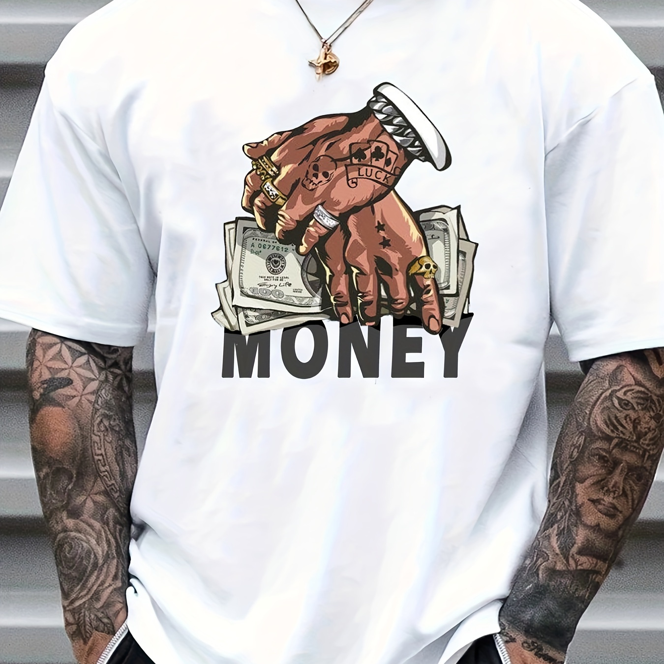 

Cartoon Money & Hands Print, Men's Graphic Design Crew Neck Niche T-shirt, Casual Comfy Tees Tshirts For Summer, Men's Clothing Tops For Daily Vacation Resorts