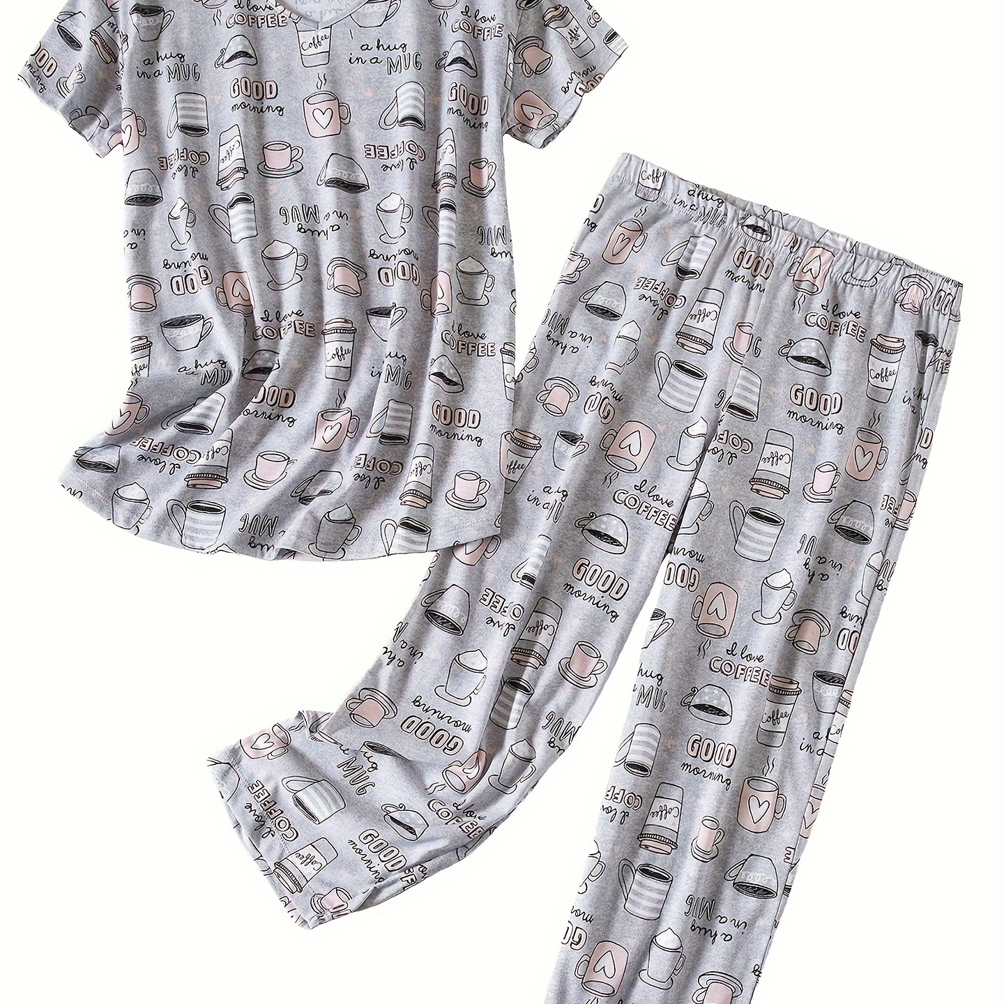 

Allover Coffee Print Pajama Set, Casual Short Sleeve Round Neck Top & Elastic Pants, Women's Sleepwear