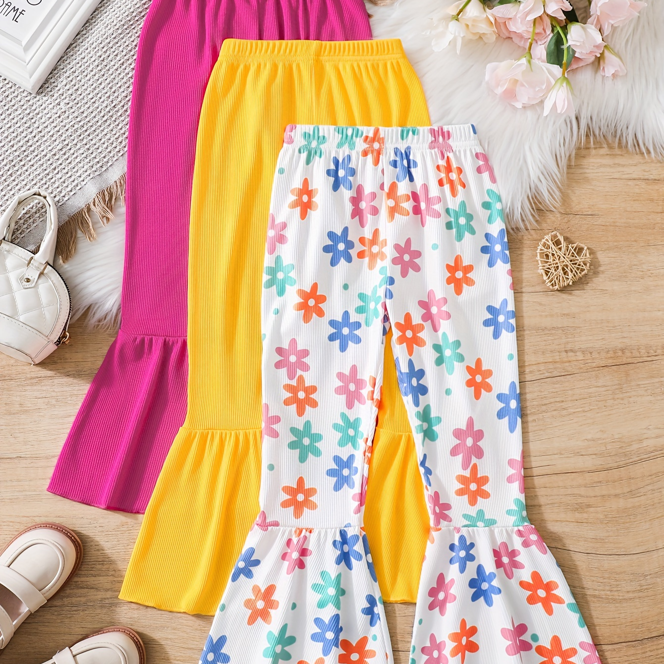 

3 Packs Girls Fashion Floral Rib-knit Flare Leg Pants Breathable Thin For Spring And Summer