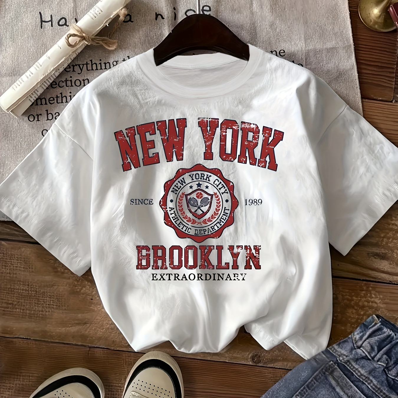 

New York Print Crew Neck T-shirt, Short Sleeve Casual Top For Summer & Spring, Women's Clothing