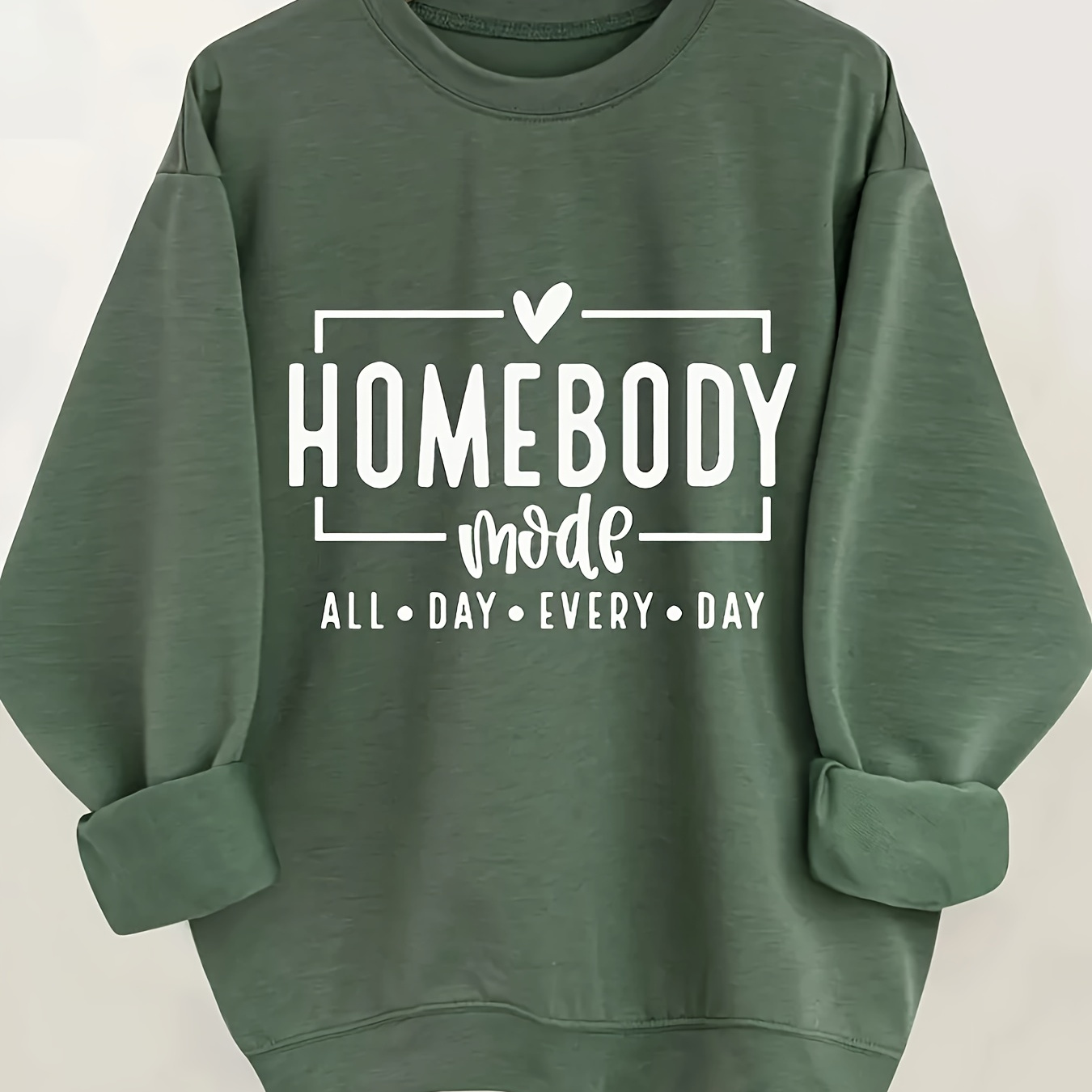 

Cozy Alphabet Women's Crew Neck Sweatshirt - Soft , Casual Casual Attire, Machine Washable, Green With Heart Detail, Cute Sweatshirts