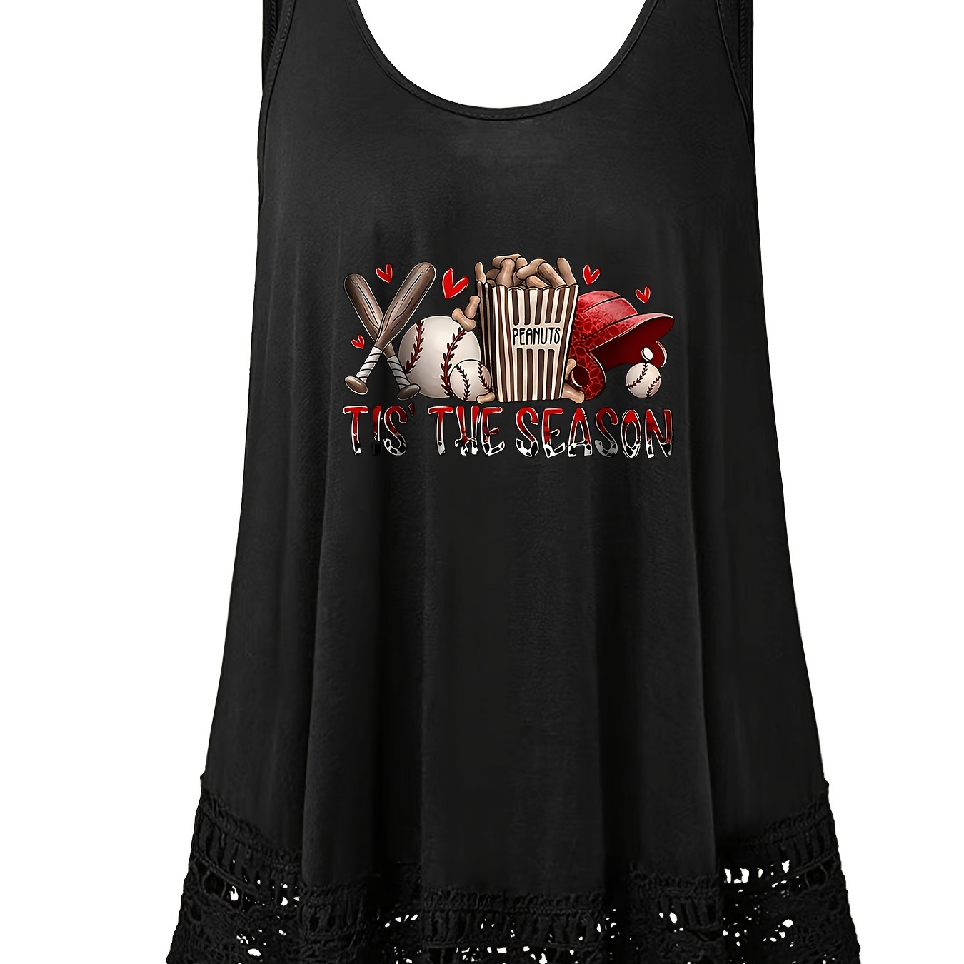 

Plus Size Baseball Print Tank Top, Casual Lace Stitching Sleeveless Crew Neck Top For Spring & Summer, Women's Plus Size Clothing