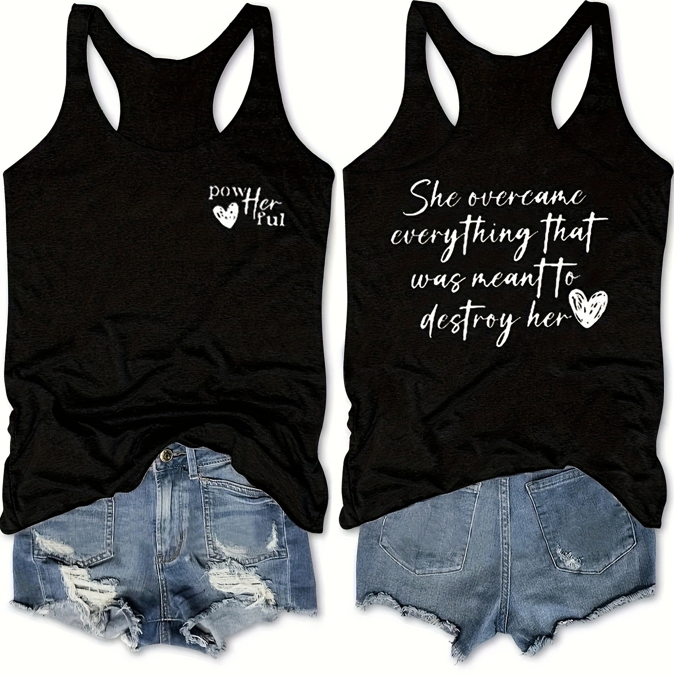 

Heart & Letter Print Tank Top, Casual Crew Neck Tank Top For Summer, Women's Clothing