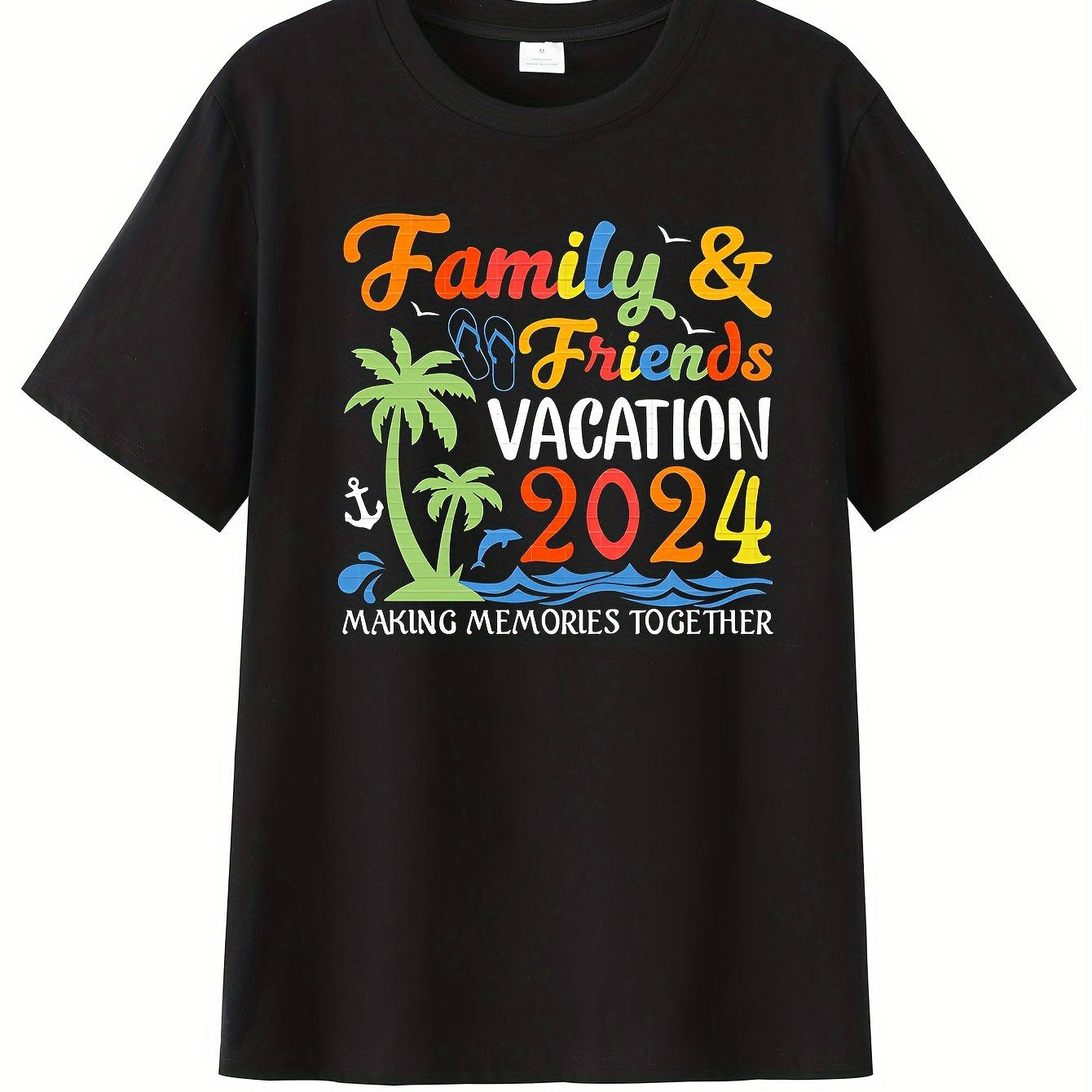 

Family Friends Vacation 2024 Print, Men's Round Neck Simple Phrase Printing Short Sleeve T-shirt, Casual Style, Comfortable Top For Summer