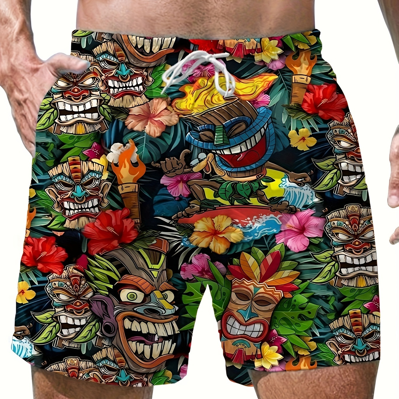 

Men's Vibrant Tribal-inspired Drawstring Shorts - Quick-dry, Lightweight - Perfect For Summer Beach Outings And Sports Activities