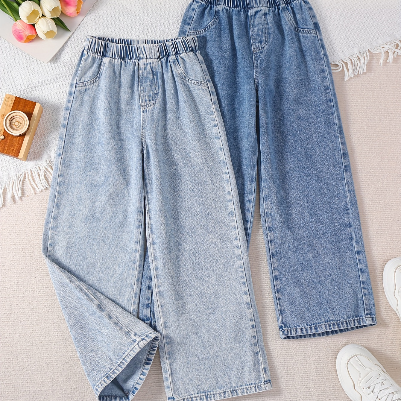 

2pcs/ Set Tween Girls Jeans Loose Straight Fit Elastic Waist Relaxed Fit Casual Denim Trousers